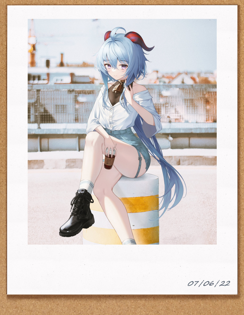 1girl absurdres ahoge bangs bare_shoulders bell blue_hair boots breasts cityscape crossed_legs cup dated disposable_cup feet_out_of_frame flippy_(cripine111) ganyu_(genshin_impact) genshin_impact highres horns light_smile long_hair looking_at_viewer low_ponytail neck_bell off_shoulder outdoors photo_(object) portrait_(object) shirt shorts sidelocks sitting solo thighs violet_eyes white_shirt
