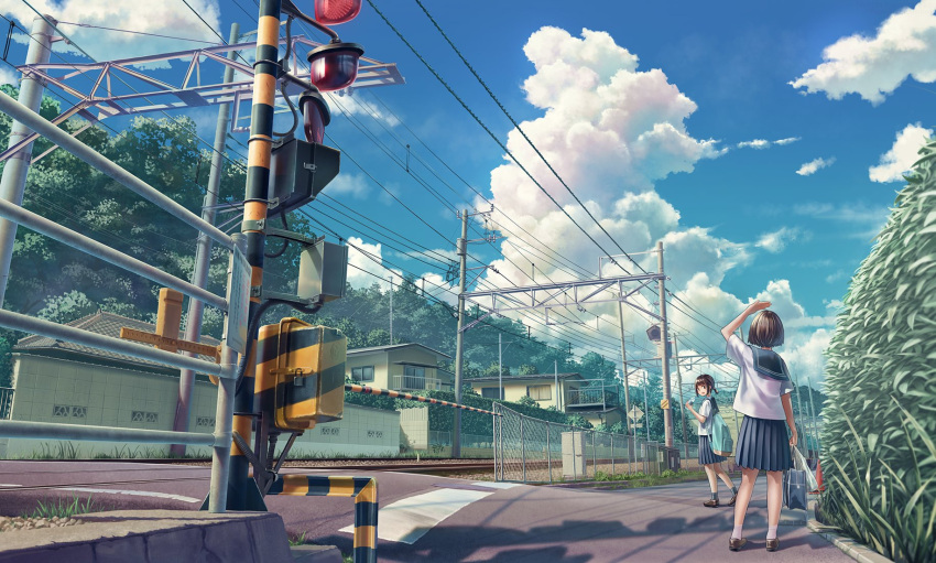 2girls arm_up backpack bag bangs blue_sailor_collar blue_skirt blue_sky bob_cut bottle brown_footwear brown_hair building bush clouds hand_up highres holding holding_bag holding_bottle house loafers multiple_girls original outdoors overhead_line pleated_skirt railroad_crossing railroad_tracks sailor_collar sarekoube scenery school_bag school_uniform serafuku shirt shoes short_hair short_sleeves skirt sky socks standing traffic_light tree wall water_bottle white_shirt