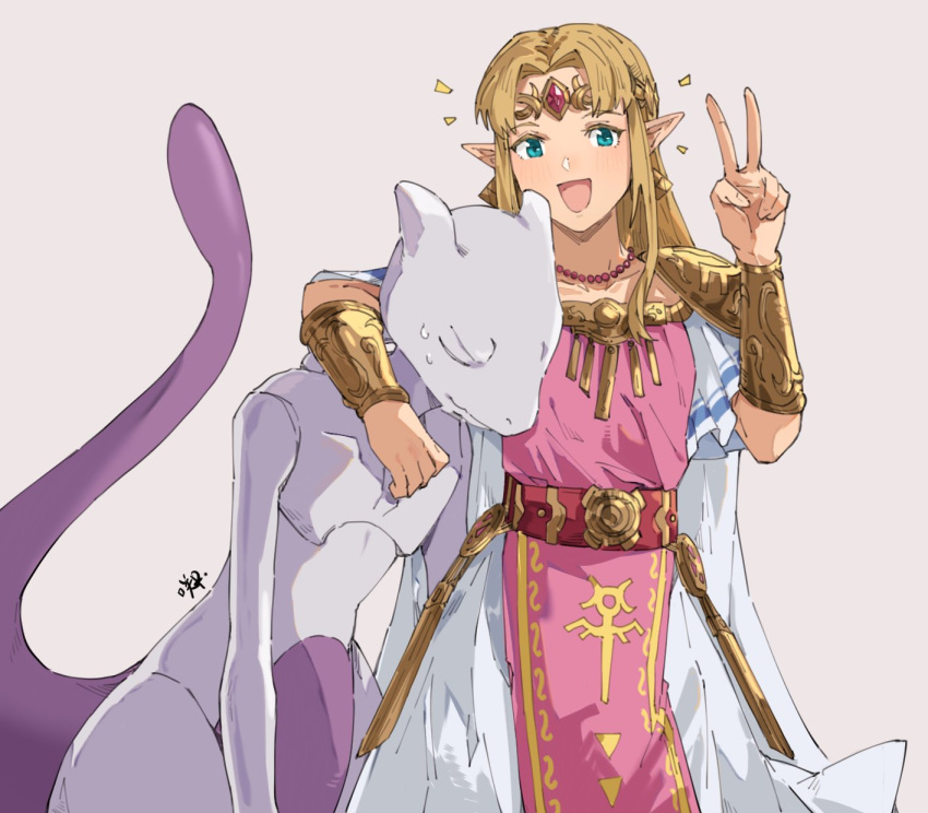 1girl armor bangs blonde_hair blue_eyes blush circlet closed_eyes dress earrings highres hug jewelry long_hair looking_at_viewer mewtwo necklace open_mouth pointy_ears pokemon_(creature) princess_zelda sakuremi shoulder_armor simple_background smile super_smash_bros. tail the_legend_of_zelda the_legend_of_zelda:_a_link_between_worlds v