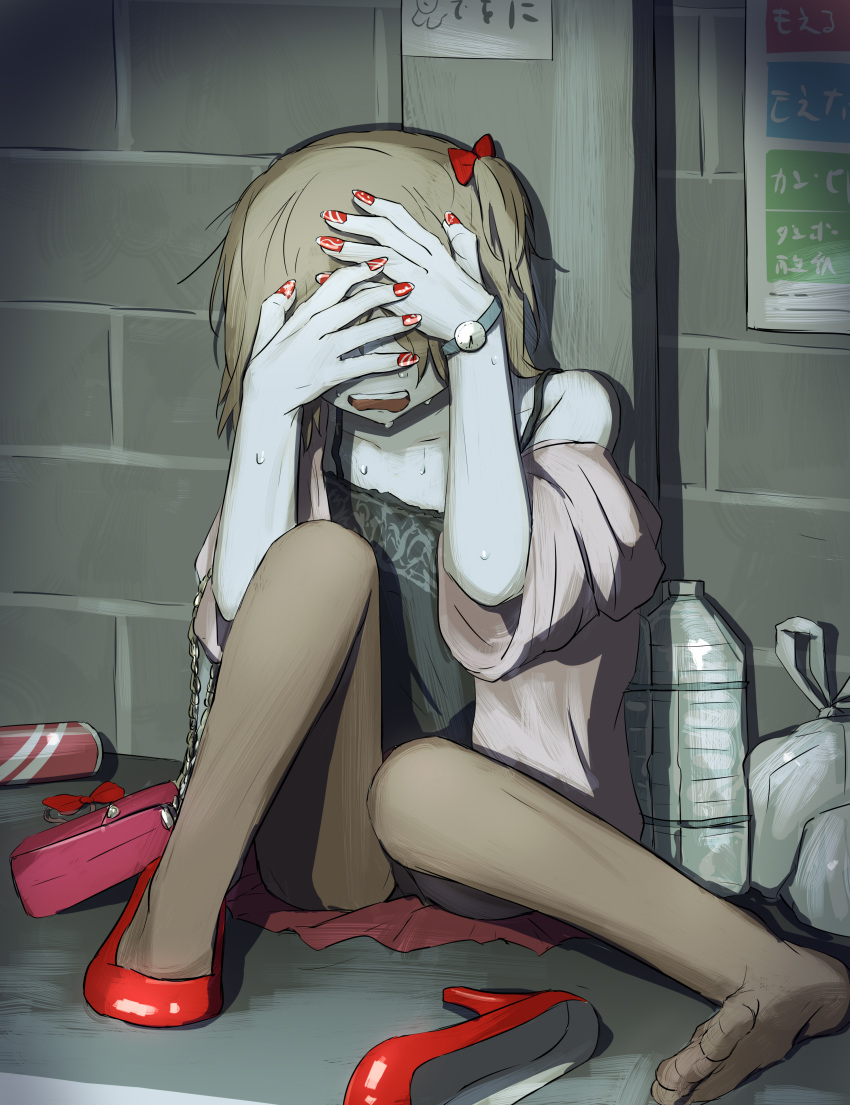 1girl absurdres avogado6 bottle bow can commentary covering_face crying hair_bow hand_up high_heels highres on_ground original red_nails short_hair side_ponytail sitting solo sweat sweating_profusely tears trash_bag watch watch water_bottle