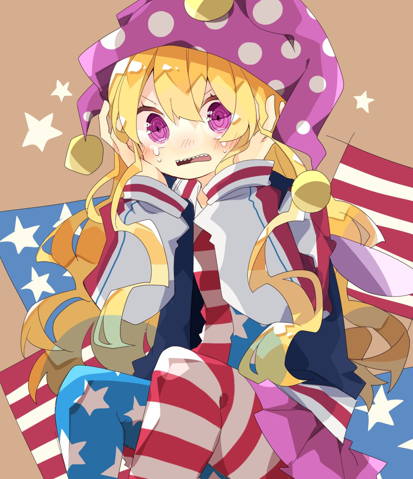 1girl @_@ american_flag_dress american_flag_legwear bangs blonde_hair blue_jacket blush clownpiece commentary crying feet_out_of_frame hands_on_own_face hat highres jacket jester_cap long_hair long_sleeves looking_at_viewer multicolored_clothes multicolored_jacket nikorashi-ka one-hour_drawing_challenge open_clothes open_jacket open_mouth purple_headwear red_jacket sharp_teeth sitting solo star_(symbol) teeth touhou violet_eyes white_jacket