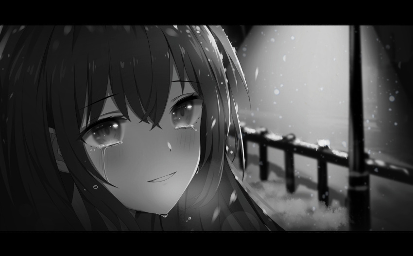 1girl bangs blush commentary_request crying crying_with_eyes_open greyscale hair_between_eyes happy_tears highres lamppost mige_shijiu monochrome original snowing solo tears upper_body