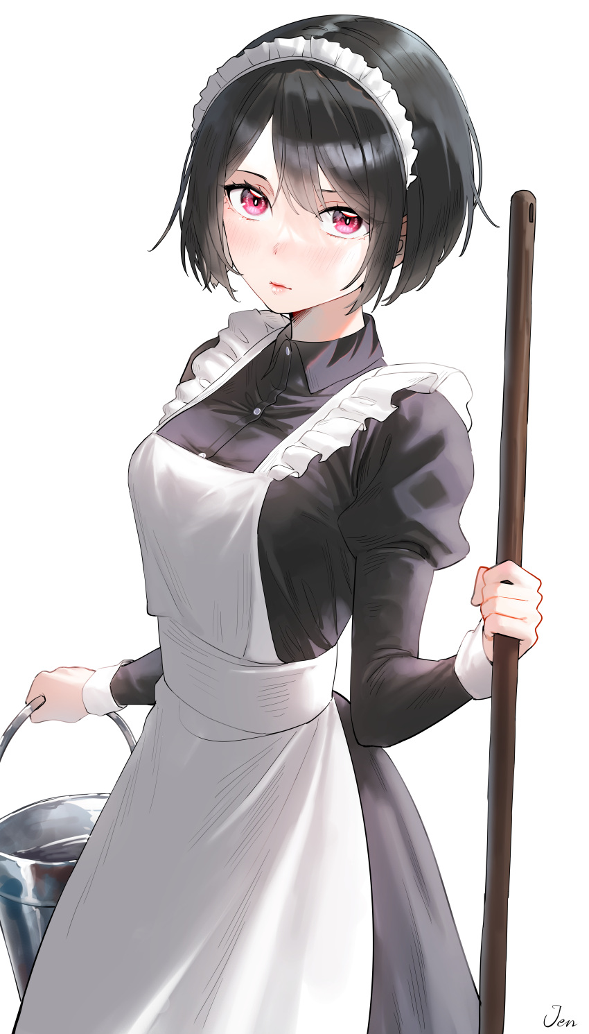 1girl absurdres apron arjent artist_name bangs black_dress black_hair blush bob_cut breasts broom bucket commentary dress highres holding holding_broom holding_bucket large_breasts long_sleeves looking_at_viewer maid maid_apron maid_headdress original puffy_long_sleeves puffy_sleeves short_hair simple_background solo symbol-only_commentary watermark white_apron white_background