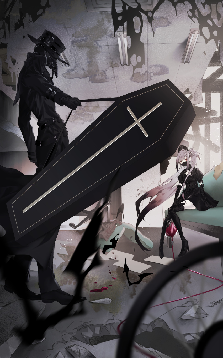 1boy 1girl absurdres bangs belt black_dress black_gloves black_headwear black_legwear black_suit blood boots briefcase chair coffin cross dress elbow_gloves formal gloves grey_hair hat high_heel_boots high_heels highres holding holding_briefcase intravenous_drip juliet_sleeves kotarou_(kot_mochi) leather long_hair long_sleeves looking_at_viewer mask mouth_mask nurse nurse_cap office_chair original pale_skin plague_doctor plague_doctor_mask ponytail puffy_sleeves red_eyes rubble short_sleeves sitting standing suit thigh_boots very_long_hair