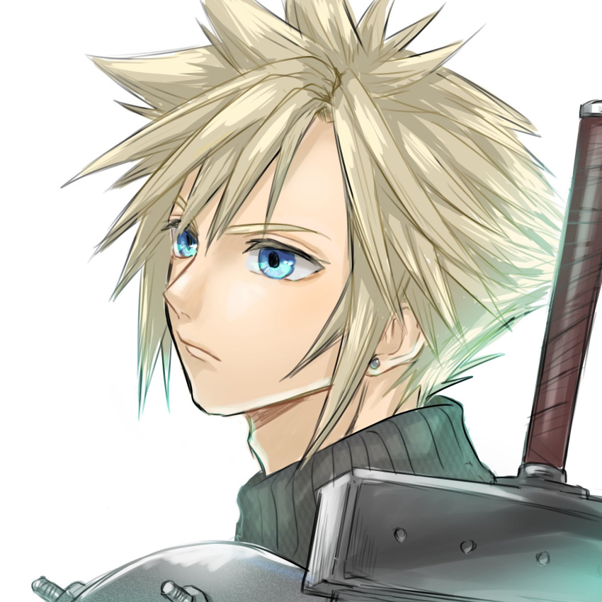 1boy armor blonde_hair blue_eyes buster_sword closed_mouth cloud_strife earrings final_fantasy final_fantasy_vii final_fantasy_vii_remake highres jewelry kaisei_(kaisei_my) shoulder_armor solo spiky_hair sweater sword turtleneck turtleneck_sweater upper_body weapon weapon_on_back white_background