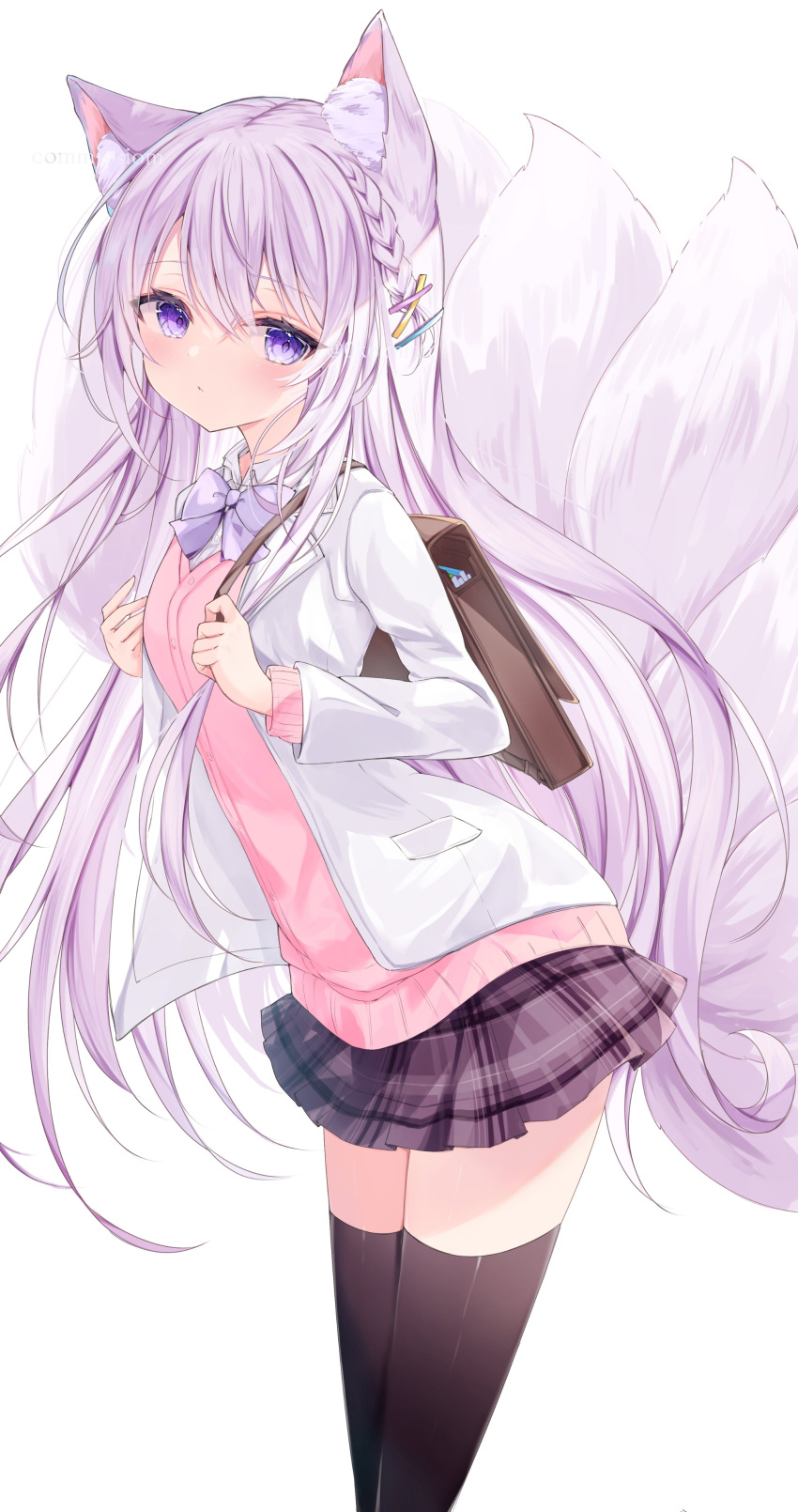 1girl absurdres animal_ears bag black_legwear blue_eyes bow bowtie braid cardigan commission expressionless fox_ears fox_tail highres jacket long_hair miniskirt multiple_tails okomeillust open_clothes open_jacket original pink_cardigan school_bag skeb_commission skirt solo tail thigh-highs very_long_hair white_hair white_jacket zettai_ryouiki