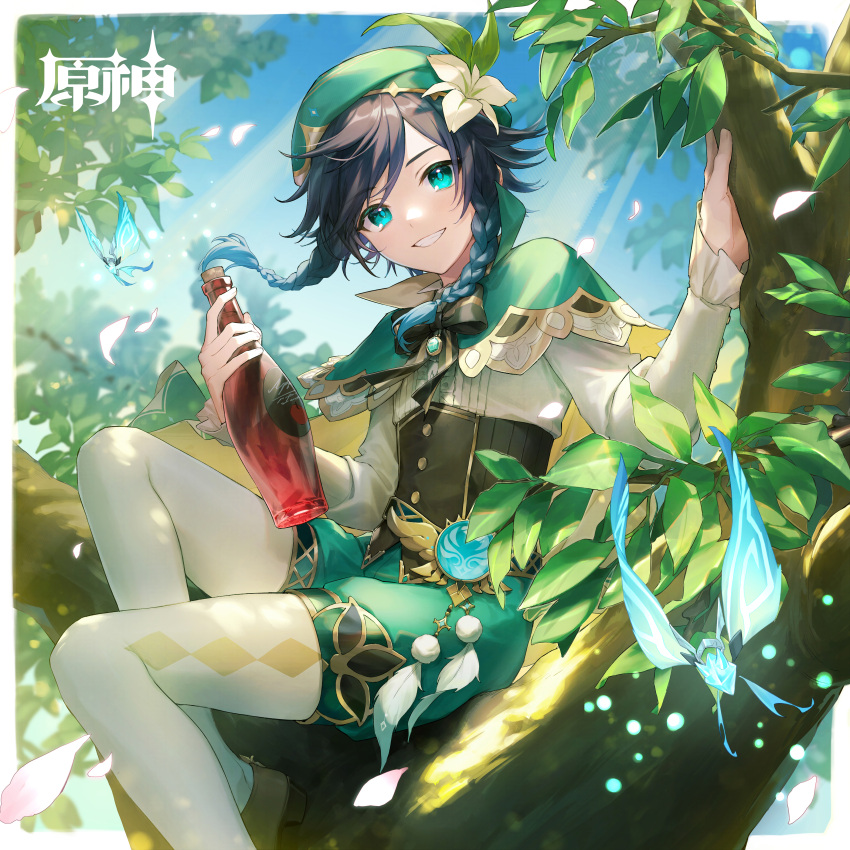 1boy absurdres aqua_eyes bangs beret bottle bow bowtie bug butterfly capelet collared_capelet copyright_name crystalfly_(genshin_impact) dark_blue_hair day feathers genshin_impact gradient_hair green_shorts hat highres holding holding_bottle in_tree long_sleeves looking_at_viewer male_focus multicolored_hair official_art petals pom_pom_(clothes) second-party_source short_hair_with_long_locks shorts solo tree usuke_(u_skeeep) venti_(genshin_impact) vision_(genshin_impact) wine_bottle
