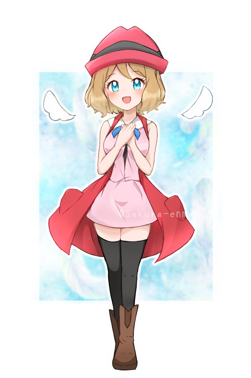 1girl :d bare_arms black_legwear blonde_hair blue_eyes blue_ribbon blush boots brown_footwear commentary_request dress eyelashes full_body hands_up happy hat highres looking_at_viewer neck_ribbon open_mouth own_hands_together pink_dress pink_headwear pokemon pokemon_(anime) pokemon_xy_(anime) ribbon sakura_enma serena_(pokemon) short_hair smile solo standing thigh-highs