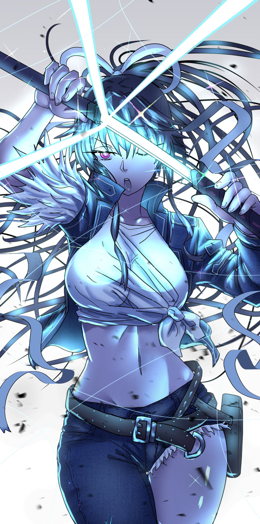 1girl absurdres asymmetrical_legwear asymmetrical_sleeves bangs belt belt_buckle black_hair breasts brown_belt buckle cutoff_jeans cutoffs denim denim_jacket drawing_sword glint hair_ribbon high_collar highres holding holding_sword holding_weapon holster jacket jeans kanzaki_kaori katana large_breasts long_hair navel one_eye_closed open_mouth pants ponytail ribbon shirt simple_background solo sword tied_shirt toaru_majutsu_no_index uneven_legwear uneven_sleeves weapon white_ribbon white_shirt wire youngmanisdown