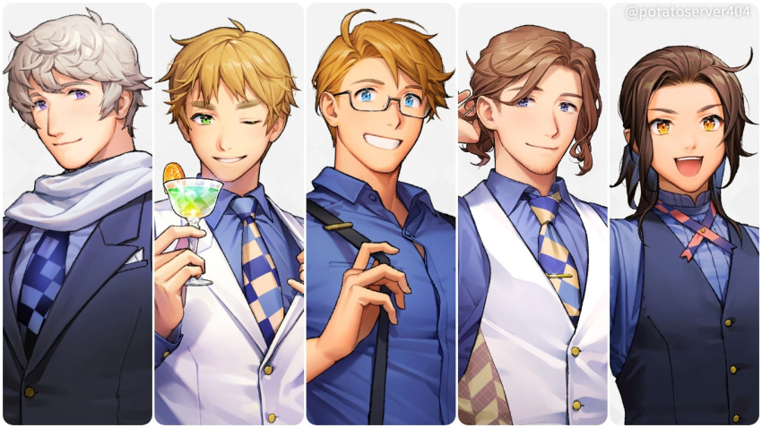 5boys :d ;) america_(hetalia) axis_powers_hetalia blonde_hair blue_eyes blue_shirt breast_pocket brown_eyes brown_hair button_gap checkered_necktie china_(hetalia) cocktail_glass collared_shirt cup drinking_glass france_(hetalia) green_eyes grey_hair grin littleb623 male_focus multiple_boys necktie official_alternate_costume one_eye_closed overalls pocket russia_(hetalia) shirt smile united_kingdom_(hetalia) vest violet_eyes waistcoat white_vest