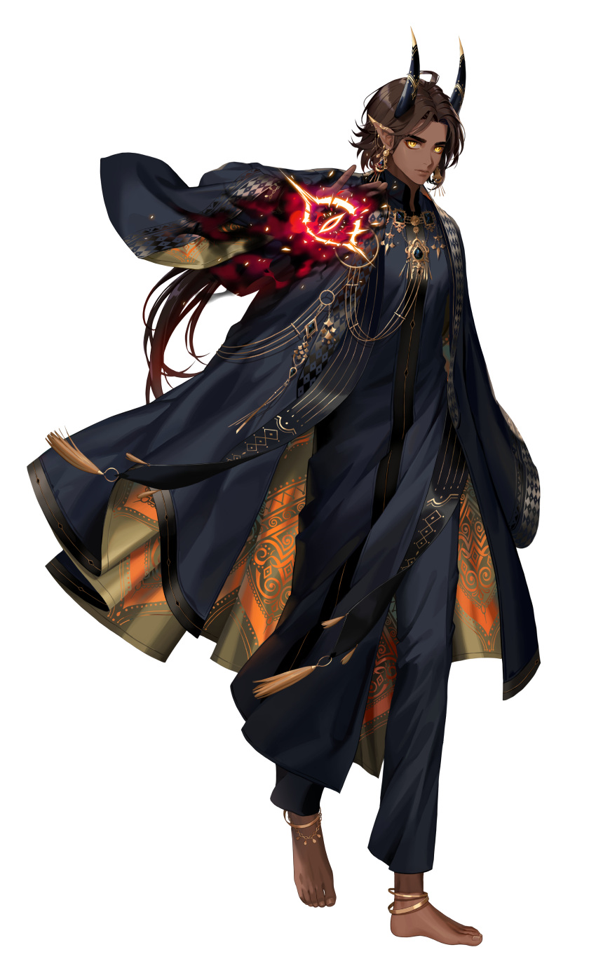 1boy absurdres arm_at_side bad_source black_survival brown_hair closed_mouth ddollydonut hand_up highres horns long_hair long_sleeves looking_at_viewer magic male_focus no_shoes official_alternate_costume official_art simple_background sleeves_past_fingers sleeves_past_wrists solo standing transparent_background yellow_eyes zahir_(black_survival)