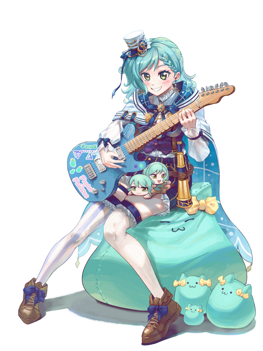 1girl absurdres bang_dream! blue_bow blue_hair blue_legwear blue_skirt blush boots bow brown_footwear character_doll cloak earrings green_eyes guitar hair_behind_ear hat highres hikawa_hina hoguma holding holding_instrument instrument jewelry mini_hat parted_lips sitting skindentation skirt smile solo stuffed_toy thigh-highs white_cloak white_headwear