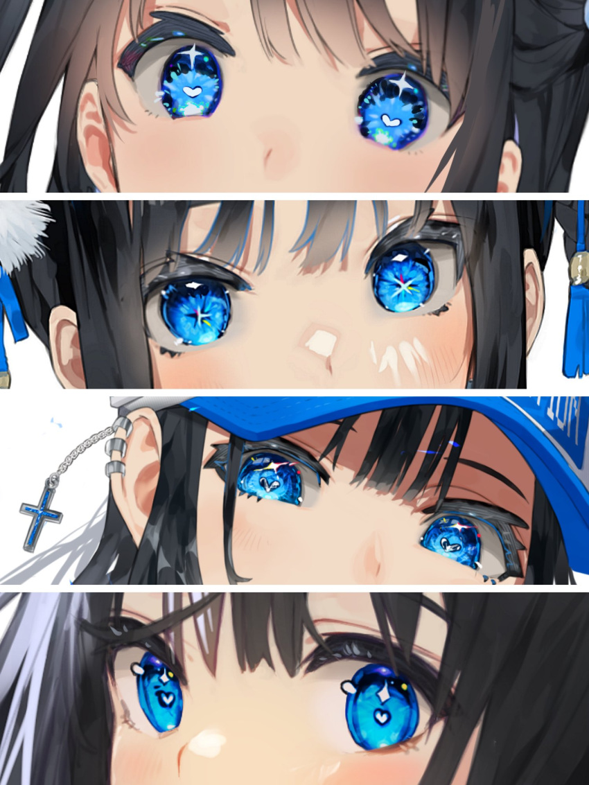 4girls bangs baseball_cap black_hair blue_eyes blue_headwear blush character_request commentary_request copyright_request crossed_bangs earrings eye_focus hair_ornament hair_tie hat heart heart-shaped_pupils highres jewelry looking_at_viewer mashiro_kta multicolored_clothes multicolored_headwear multiple_girls one_side_up sidelocks sideways_glance symbol-shaped_pupils tassel tassel_hair_ornament white_headwear