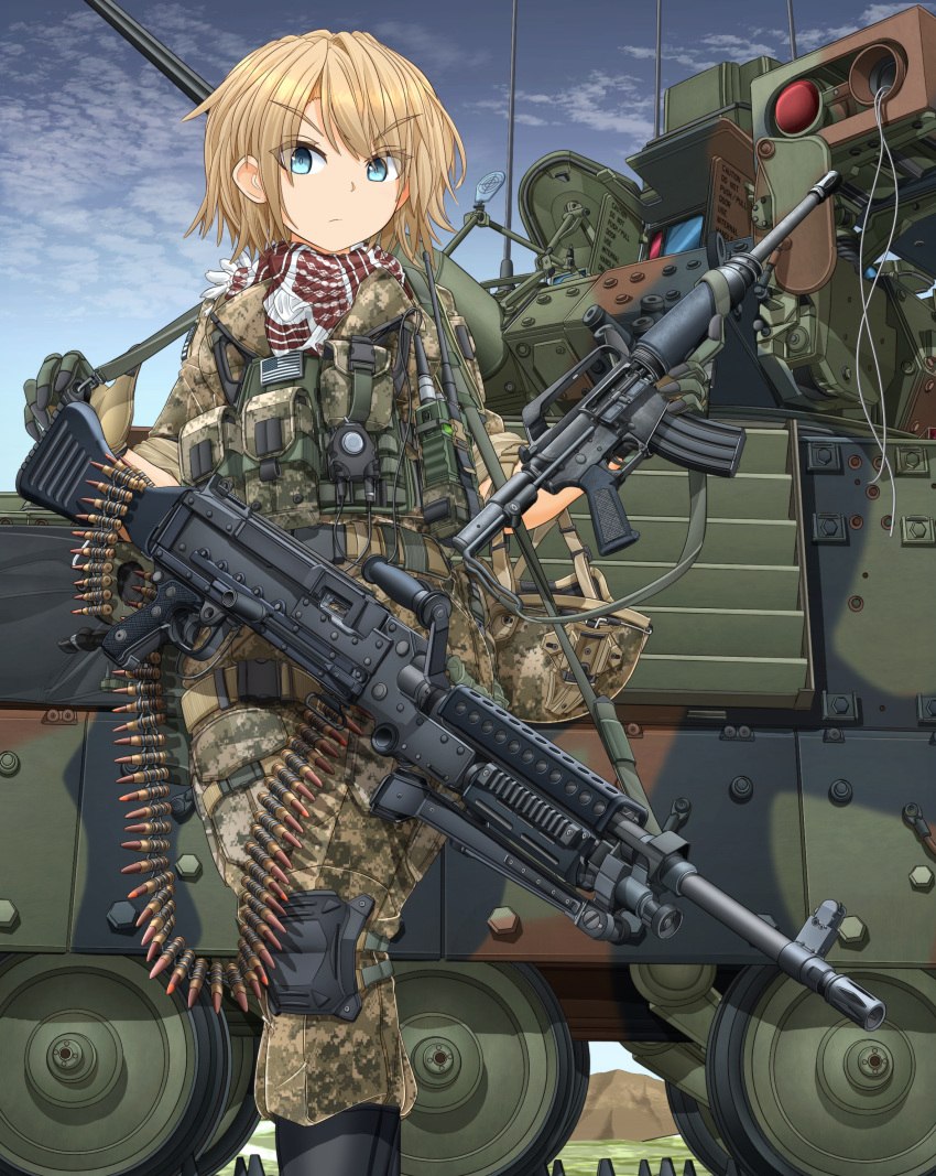 1girl absurdres american_flag ammunition_belt assault_rifle bangs black_footwear blonde_hair blue_eyes blue_sky body_armor boots brown_bandana brown_gloves brown_jacket brown_pants camouflage camouflage_jacket camouflage_pants closed_mouth combat_boots commentary_request day english_commentary english_text frown gloves ground_vehicle gun harness highres holding holding_gun holding_weapon jacket knee_pads m240 m2_bradley m4_carbine machine_gun mikeran_(mikelan) military military_uniform military_vehicle mixed-language_commentary motor_vehicle mountainous_horizon original outdoors pants rifle scope short_hair short_sleeves sky sleeves_rolled_up solo tank thigh_strap uniform walkie-talkie weapon