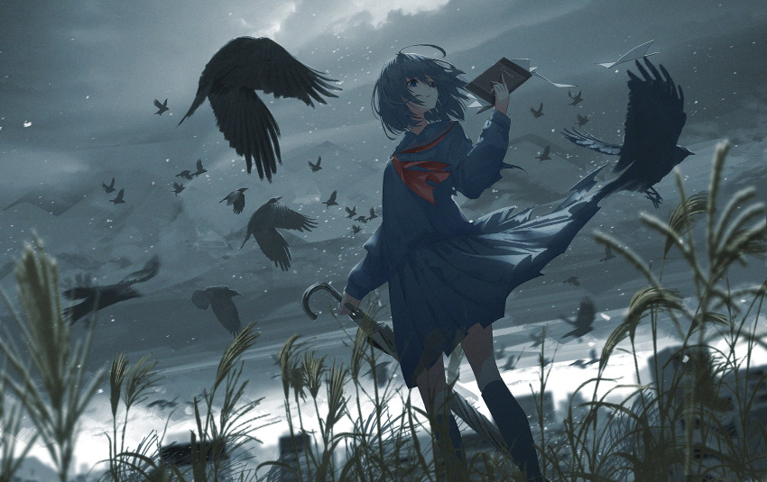 1girl ahoge bangs bird black_bird black_legwear blue_eyes blue_hair blue_sailor_collar blue_shirt blue_skirt blurry blurry_background blurry_foreground book building character_request chocoshi clouds cloudy_sky commentary copyright_request crow english_commentary eyebrows_behind_hair feet_out_of_frame grey_background hair_between_eyes hand_up highres holding holding_book holding_umbrella kneehighs long_sleeves medium_hair neckerchief paper red_neckerchief sailor_collar school_uniform shirt skirt sky sleeves_past_wrists socks solo standing too_many too_many_birds umbrella wheat wheat_field white_sky wind