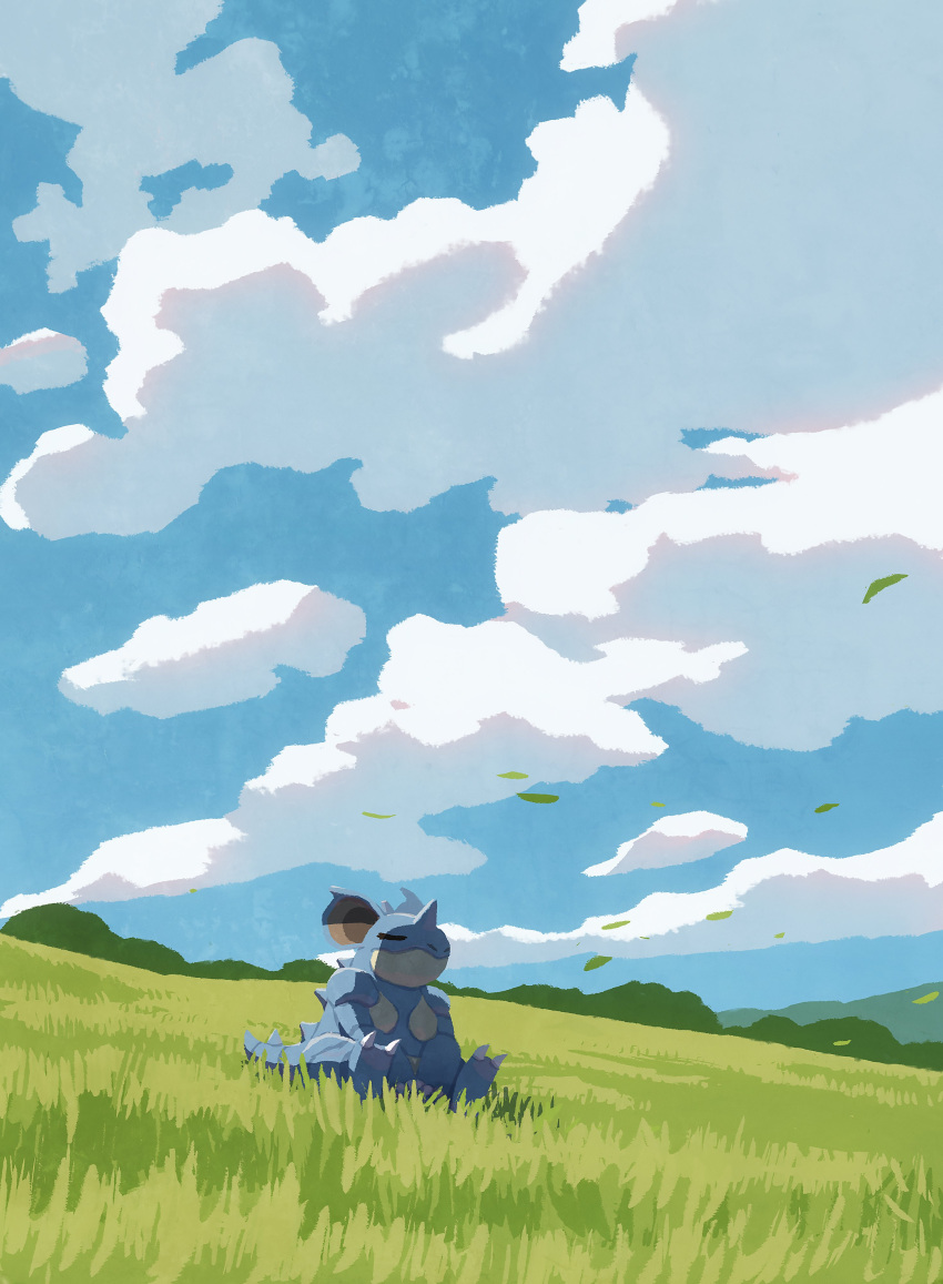 absurdres blue_sky claws closed_eyes closed_mouth clouds day grass highres horns hyogonosuke nidoqueen no_humans outdoors pokemon pokemon_(creature) single_horn sky solo spikes tail