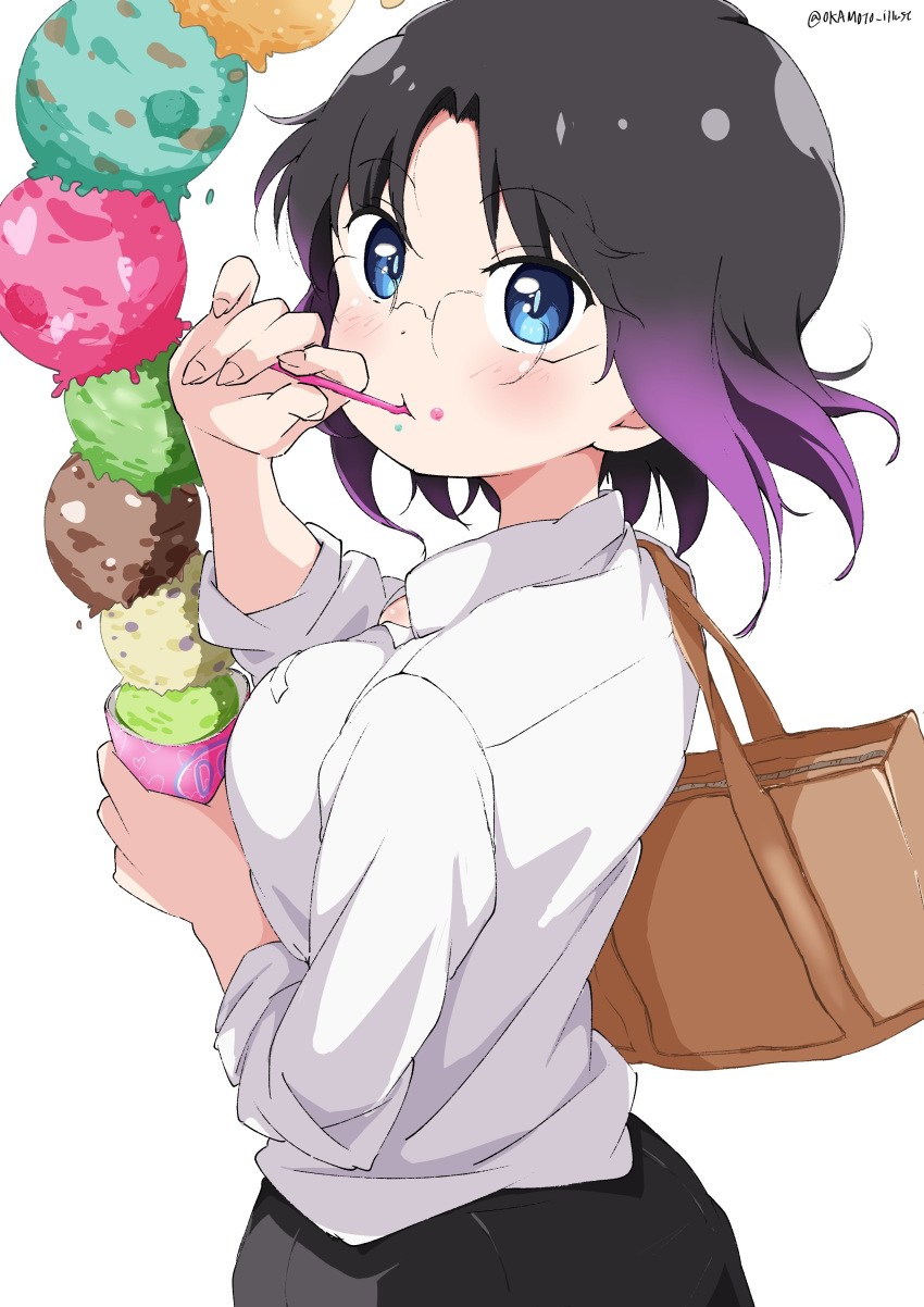 absurdres bag black_hair black_skirt blue_eyes blush brown_bag collared_shirt eating elma_(maidragon) food glasses gradient_hair highres ice_cream ice_cream_cone kobayashi-san_chi_no_maidragon looking_at_viewer multicolored_hair office_lady pencil_skirt purple_hair shirt short_hair skirt spoon utensil_in_mouth white_gorilla_(okamoto) white_shirt