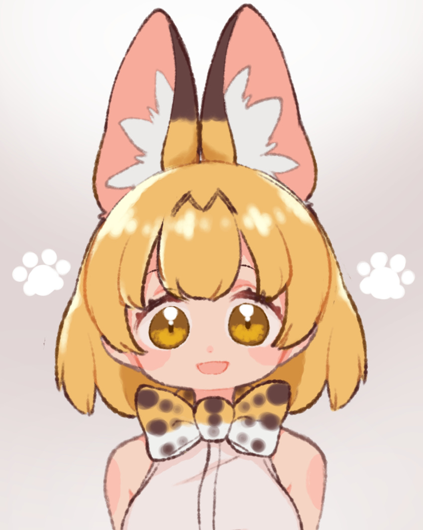 1girl :d animal_ear_fluff animal_ears bangs blonde_hair blush_stickers bow bowtie breasts highres kemono_friends large_breasts looking_at_viewer notora open_mouth paw_print polka_dot polka_dot_bow serval_(kemono_friends) shirt short_hair sleeveless sleeveless_shirt smile solo traditional_bowtie yellow_eyes