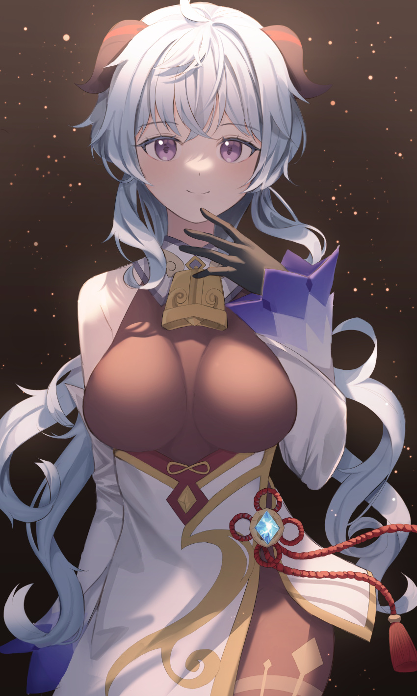 1girl absurdres bangs bare_shoulders bell black_gloves blue_hair blush breasts brown_legwear chinese_knot detached_sleeves eunbilove12 flower_knot ganyu_(genshin_impact) genshin_impact gloves gold_trim hand_to_own_mouth highres horns long_hair looking_at_viewer medium_breasts neck_bell sidelocks smile solo tassel thighlet violet_eyes vision_(genshin_impact) white_sleeves