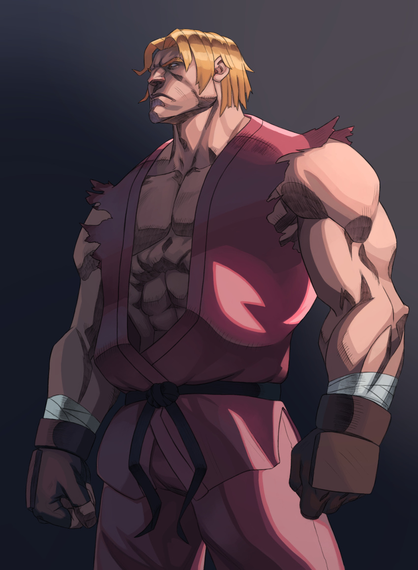 1boy abs absurdres bangs belt biceps black_belt blonde_hair clenched_hands collarbone dougi fingerless_gloves gloves highres ken_masters looking_to_the_side male_focus muscular muscular_male parted_bangs pectorals serious short_hair skedoodly sleeveless street_fighter