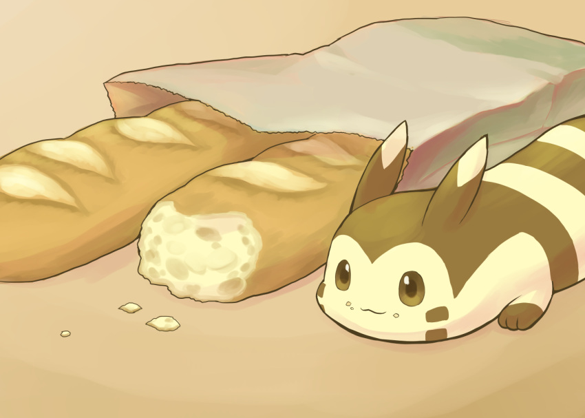 :3 bag baguette bread crumbs food food_on_face furret lying no_humans on_side paper_bag pokemon pokemon_(creature) wadorigi