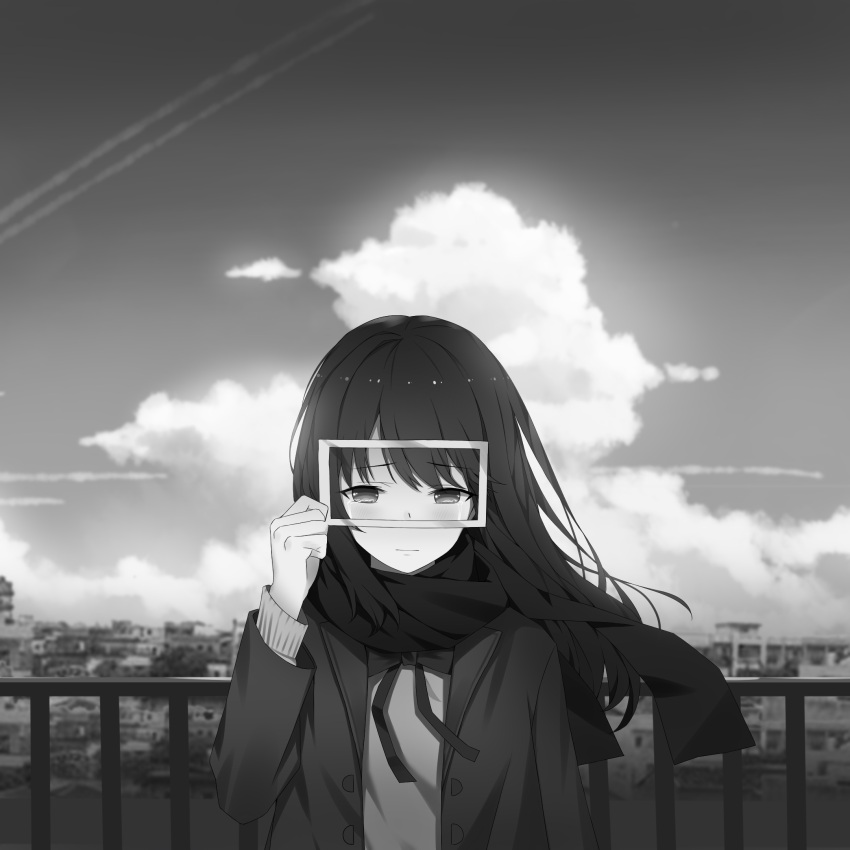 1girl bangs blazer cardigan clouds commentary_request crying crying_with_eyes_open greyscale highres jacket long_hair mige_shijiu monochrome neck_ribbon open_clothes open_jacket original outdoors railing ribbon sad scarf scenery school_uniform sky solo tears upper_body