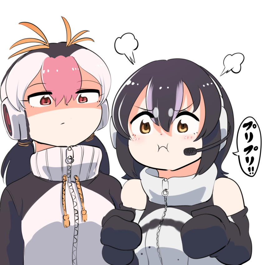 2girls angry animal_costume closed_mouth elbow_gloves gloves headphones highres humboldt_penguin_(kemono_friends) kemono_friends kemono_friends_v_project long_hair mcgunngu microphone multicolored_hair multiple_girls penguin_costume red_eyes royal_penguin_(kemono_friends) shirt short_hair simple_background sleeveless sleeveless_shirt twintails virtual_youtuber white_background yellow_eyes