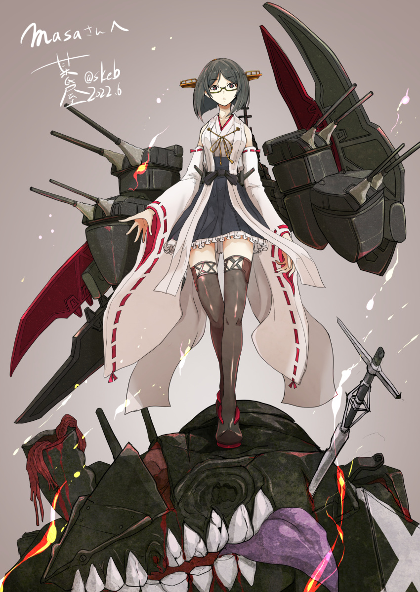 1girl absurdres black_hair black_skirt boots boushi-ya breasts cannon detached_sleeves frilled_skirt frills full_body glasses green-framed_eyewear hairband headgear highres kantai_collection kirishima_(kancolle) kirishima_kai_ni_(kancolle) medium_breasts nontraditional_miko ribbon-trimmed_sleeves ribbon_trim rigging short_hair skirt standing thigh_boots turret