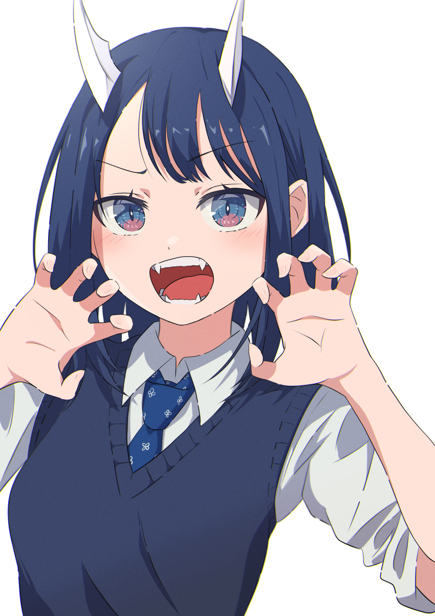1girl absurdres aoki_ruri bangs blue_eyes blue_necktie blue_vest blush camui1104 claw_pose dark_blue_hair dragon_girl dragon_horns eyelashes fangs grey_shirt hands_up highres horns long_sleeves looking_at_viewer medium_hair multicolored_eyes necktie open_mouth parted_bangs pink_eyes raised_eyebrow ruri_dragon school_uniform shirt simple_background sleeves_rolled_up slit_pupils solo upper_body vest white_background white_horns