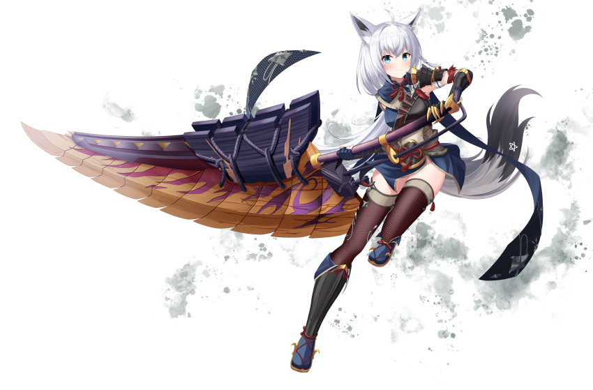 1girl absurdres animal_ears bangs blush braid breasts commentary_request fox_ears fox_girl fox_tail green_eyes hair_between_eyes highres holding holding_weapon hololive leg_up long_hair looking_at_viewer medium_breasts monster_hunter_(series) monster_hunter_rise pentagram saio425 shirakami_fubuki sidelocks simple_background single_braid smile solo tail thigh-highs virtual_youtuber weapon white_background white_hair