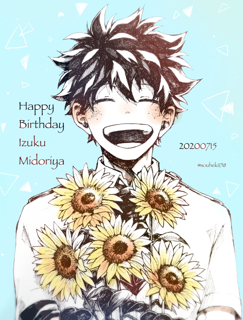 1boy ^_^ absurdres boku_no_hero_academia closed_eyes collared_shirt dated flower freckles hair_flower hair_ornament happy_birthday highres holding holding_flower light_blue_background male_focus midoriya_izuku open_mouth school_uniform shirt solo souheki sunflower_hair_ornament teeth twitter_username u.a._school_uniform upper_body