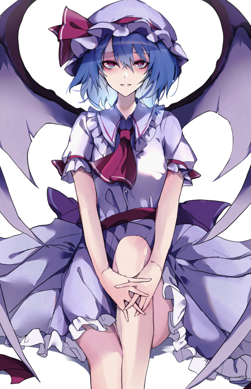 1girl ascot bangs bat_wings blue_hair closed_mouth hat hat_ribbon highres krs_(kqrqsi) looking_at_viewer parted_lips red_ascot red_eyes red_ribbon remilia_scarlet ribbon shirt short_hair short_sleeves simple_background skirt smile touhou white_background white_headwear white_shirt white_skirt wings