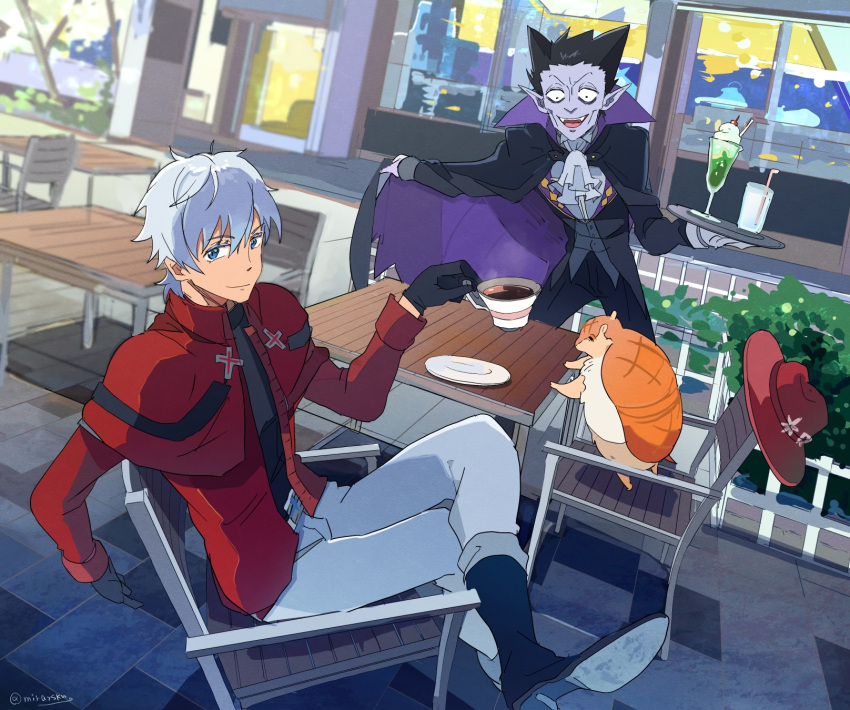 1boy 2boys armadillo ascot belt black_gloves black_hair blue_eyes cafe cape coat coffee colored_skin draluc_(kyuuketsuki_sugu_shinu) fangs fedora food gloves hat highres ice_cream ice_cream_float jacket john_(kyuuketsuki_sugu_shinu) kyuuketsuki_sugu_shinu looking_at_viewer male_focus mirayskw multiple_boys open_mouth pants pointy_ears red_jacket ronaldo_(kyuttetsuki_sugu_shinu) shirt shoes short_hair sitting smile vampire white_gloves white_hair