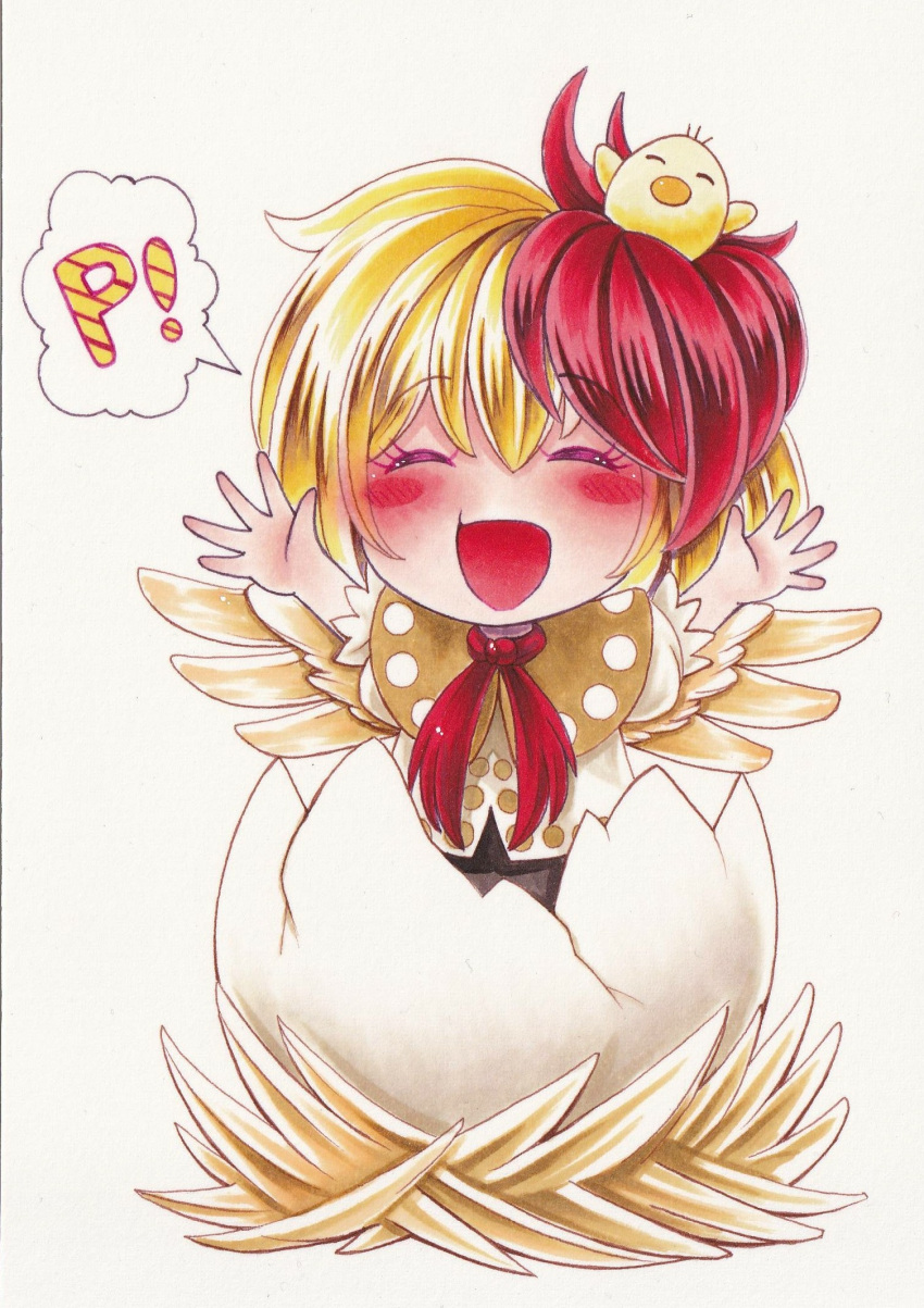 animal_on_head arms_up bird bird_on_head bird_tail bird_wings blonde_hair blush chibi chick closed_eyes dress eggshell feathered_wings highres multicolored_hair nemonadi nest niwatari_kutaka on_head open_mouth orange_dress redhead shirt simple_background speech_bubble tail touhou traditional_media two-tone_hair white_shirt wings