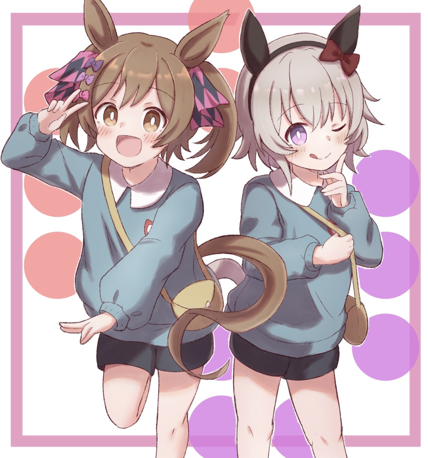 2girls :d ;q animal_ears arm_up bag black_shorts blue_shirt blush border bow brown_eyes brown_hair closed_mouth collared_shirt commentary_request curren_chan_(umamusume) ear_bow feet_out_of_frame grey_hair hair_bow hand_up highres horse_ears horse_girl horse_tail kindergarten_bag kindergarten_uniform long_sleeves looking_at_viewer multiple_girls one_eye_closed pink_border pink_bow puffy_long_sleeves puffy_sleeves purple_bow red_bow shirt short_shorts shorts shoulder_bag smart_falcon_(umamusume) smile standing standing_on_one_leg sunanuko_(ramuneko) tail tongue tongue_out twintails umamusume v violet_eyes white_background