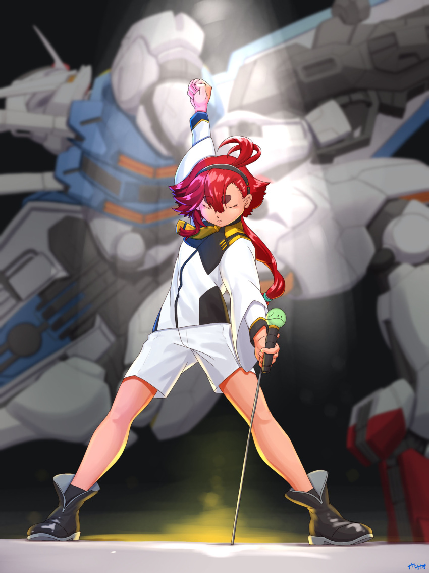 1girl absurdres ahoge arm_up bangs beam_rifle boots clenched_hand closed_eyes commentary dark_background energy_gun freddie_mercury full_body gundam gundam_aerial gundam_suisei_no_majo hairband haro highres holding holding_microphone_stand long_hair low_ponytail mecha microphone microphone_stand mobile_suit namesake nanami_nanao parody queen_(band) redhead robot school_uniform shield shiny shiny_hair short_hair signature spotlight standing suletta_mercury we_will_rock_you weapon