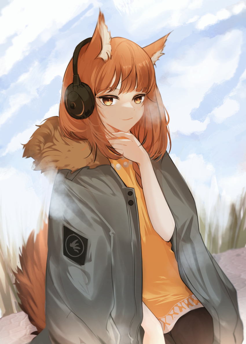 1girl absurdres arknights black_jacket black_pants blue_sky breath brown_eyes brown_hair fur-trimmed_jacket fur_trim gupipy hand_up headphones highres implied_extra_ears jacket jacket_on_shoulders long_hair looking_at_viewer orange_shirt outdoors pants ratatos_browntail_(arknights) shirt sky solo squirrel_girl squirrel_tail tail