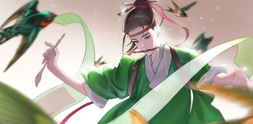 1boy beak_hold bird brown_hair chinese_clothes green_ribbon green_robe green_theme hair_bun hair_ornament hair_pulled_back hanfu headband highres holding holding_paintbrush light_particles long_hair long_sleeves looking_away looking_down male_focus motion_blur mouth_hold one_hundred_scenes_of_jiangnan outstretched_arms paintbrush paintbrush_hair_ornament painting_(action) ribbon scroll shen_zhou single_hair_bun tasuki updo upper_body wide_sleeves yu1lan2