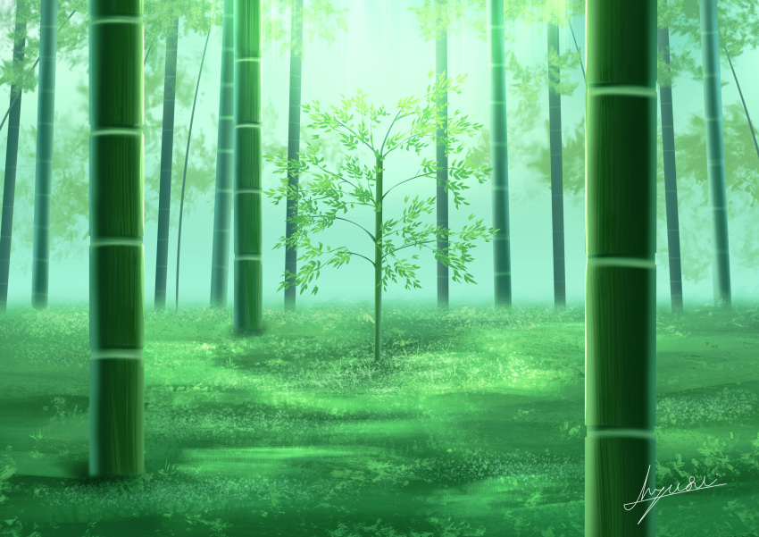 absurdres artist_name bamboo bamboo_forest blurry blurry_background day fog forest grass green_theme h_yuusui highres leaf light light_rays nature no_humans original outdoors scenery signature