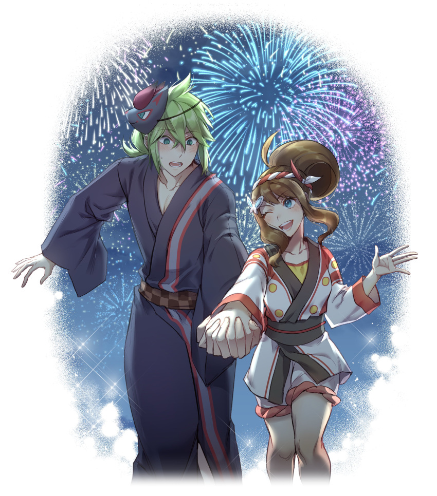 1boy 1girl ;d absurdres bangs blue_eyes blush border brown_hair brown_sash commentary_request fireworks green_hair hair_between_eyes highres hilda_(pokemon) holding_hands jacket japanese_clothes kimono knees mask mask_on_head n_(pokemon) night official_alternate_costume ogyupoke one_eye_closed open_mouth outdoors pokemon pokemon_(game) pokemon_masters_ex protected_link shorts sidelocks sky smile teeth tongue white_border white_jacket white_shorts