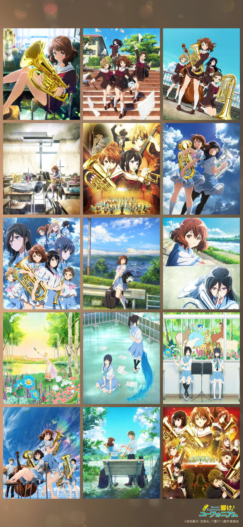 3boys 6+girls absurdres artist_request bangs black_hair blonde_hair blue_eyes blue_neckerchief blue_sailor_collar blue_skirt blue_sky blush brown_eyes brown_hair brown_shirt brown_skirt building chair closed_mouth collage collared_shirt double_bass dress_shirt euphonium gekijouban_hibike!_euphonium glasses green_eyes green_neckerchief hibike!_euphonium highres hisaishi_kanade holding holding_instrument indoors instrument kasaki_nozomi katou_hazuki kawashima_sapphire kitauji_high_school_uniform kousaka_reina liz_to_aoi_tori long_hair long_sleeves looking_at_another looking_at_viewer multiple_boys multiple_girls nakagawa_natsuki neckerchief official_art open_mouth oumae_kumiko outdoors pink_neckerchief pleated_skirt ponytail red-framed_eyewear sailor_collar school_uniform serafuku shirt short_hair short_sleeves sitting skirt sky smile standing suzuki_mirei taki_noboru tanaka_asuka tree trumpet tsukamoto_shuuichi tsukinaga_motomu tuba violet_eyes white_sailor_collar white_shirt yoroizuka_mizore yoshikawa_yuuko