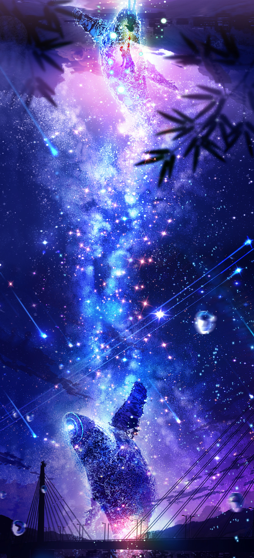 1girl absurdres bridge bubble comet flying flying_whale highres leaf makoron117117 milky_way night night_sky original outdoors scenery sky space star_(sky) starry_sky tanabata water whale