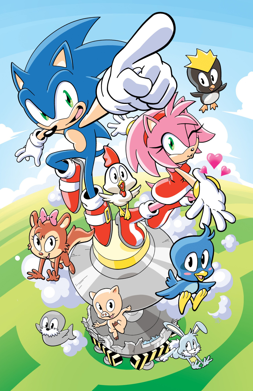 1boy 1girl absurdres amy_rose animal_ears bird black_eyes blue_fur blue_sky boots bow chicken clouds dress eyelashes flicky_(character) gloves green_eyes hair_bow hairband hedgehog_ears hedgehog_tail highres index_finger_raised looking_at_viewer open_mouth penguin pig pink_fur quill rabbit red_dress red_footwear shoes sky smile sneakers socks sonic_(series) sonic_the_hedgehog squirrel tail tracy_yardley walrus white_gloves white_legwear