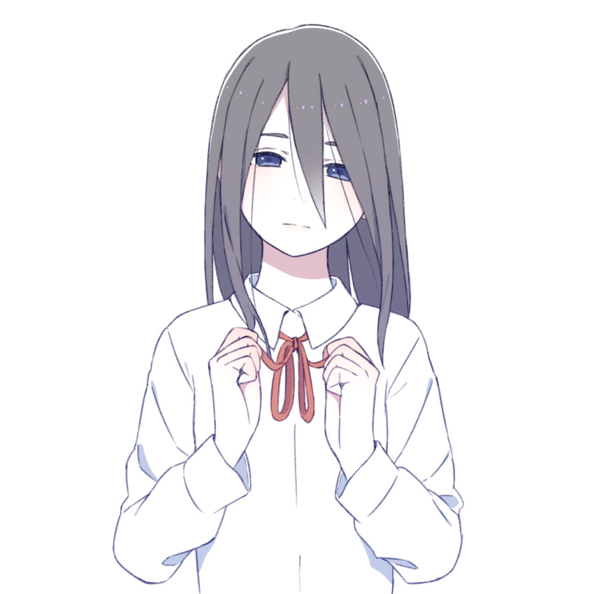 1girl bangs black_hair blue_eyes closed_mouth commentary_request hair_between_eyes highres long_hair long_sleeves looking_at_viewer natuich neck_ribbon original red_ribbon ribbon school_uniform simple_background upper_body white_background