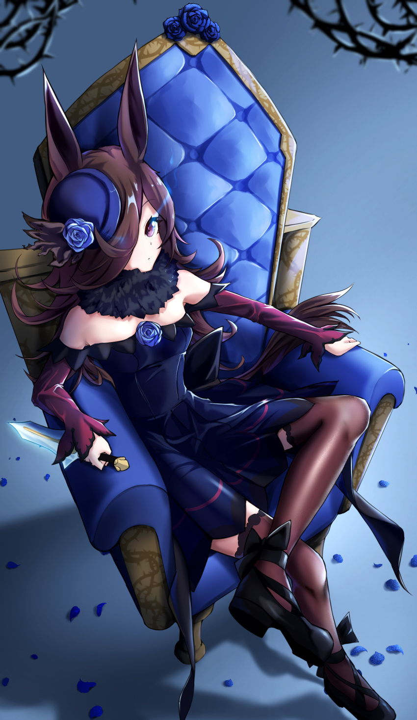 1girl absurdres animal_ears banpunsik bare_shoulders black_footwear blue_flower blue_rose breasts brown_hair brown_thighhighs crossed_legs dagger dress eye_trail flower full_body hair_over_one_eye hat hat_flower highres holding holding_dagger holding_weapon horse_ears horse_girl horse_tail knife long_hair long_sleeves looking_at_viewer off-shoulder_dress off_shoulder petals plant purple_dress rice_shower_(umamusume) rose shadow sitting small_breasts solo strappy_heels tail thorns throne umamusume vines weapon