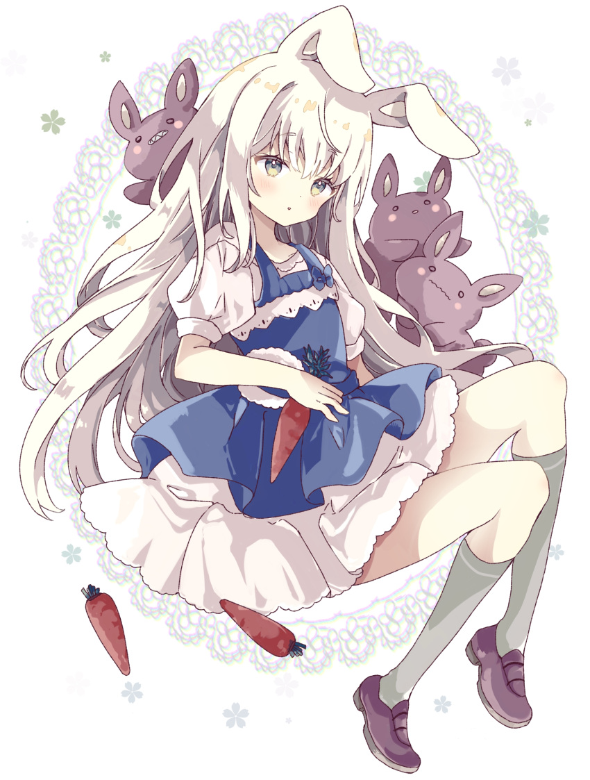 1girl :o absurdres animal animal_ears apron bangs blue_apron blue_bow blush bow brown_footwear carrot commentary doily dress ears_down floral_background food full_body green_eyes grey_legwear hair_between_eyes highres holding holding_food loafers long_hair looking_at_viewer original parted_lips puffy_short_sleeves puffy_sleeves rabbit rabbit_ears shoes short_sleeves socks solo symbol-only_commentary tsukiyo_(skymint) very_long_hair white_background white_dress white_hair