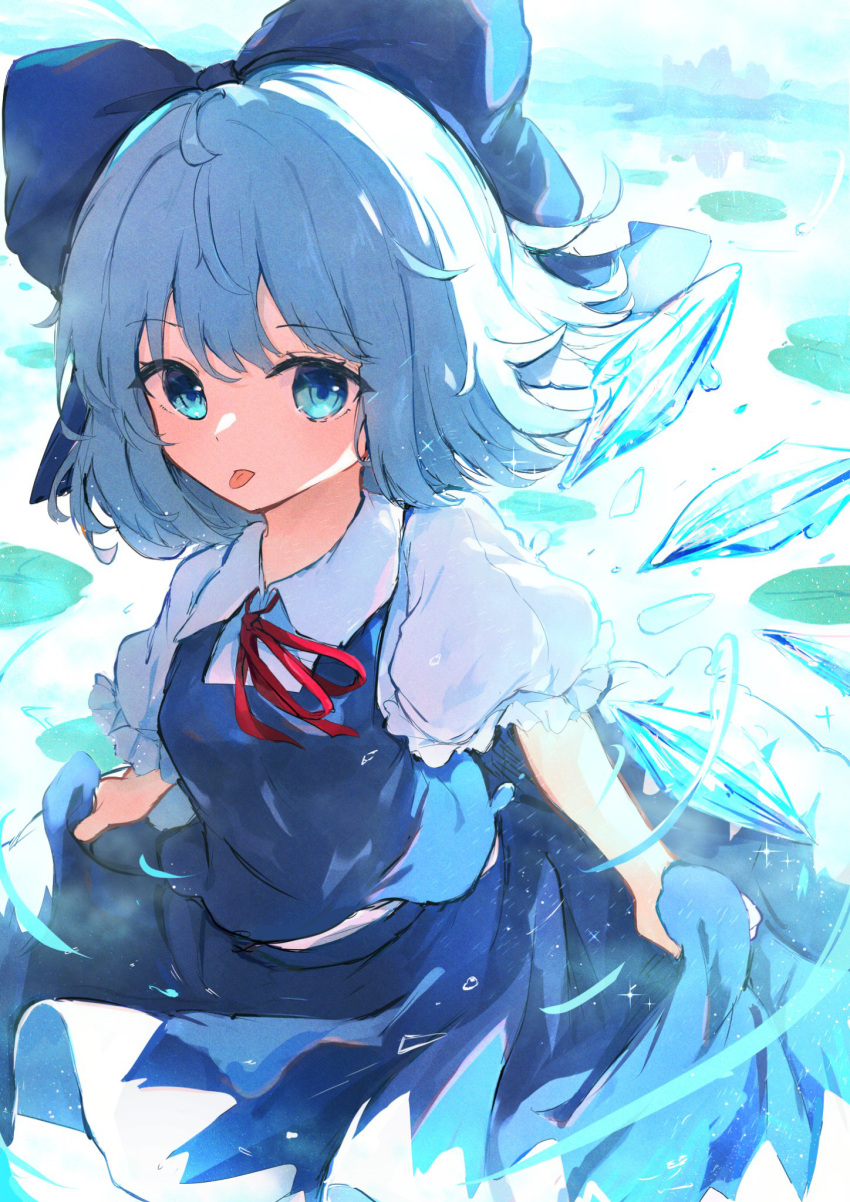 1girl blue_bow blue_dress blue_eyes blue_hair bow cirno collared_shirt detached_wings dress fairy hair_between_eyes hair_bow highres hunya ice ice_wings puffy_short_sleeves puffy_sleeves shirt short_hair short_sleeves solo tongue tongue_out touhou white_shirt wings