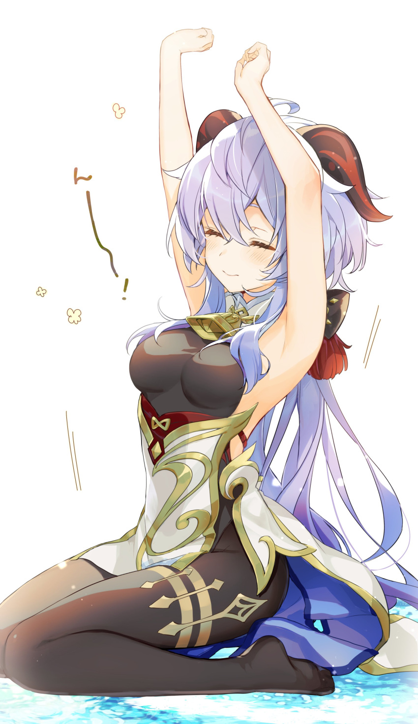 1girl =_= absurdres ahoge armpits arms_up bangs bell black_legwear blue_hair blush bodystocking breasts closed_eyes eyebrows_behind_hair ganyu_(genshin_impact) genshin_impact goat_horns gold_trim hair_between_eyes highres horns long_hair medium_breasts memeno motion_lines neck_bell no_shoes pantyhose pelvic_curtain sidelocks sitting sleeveless smile solo stretch tassel thighlet thighs waist_cape waking_up wariza white_background