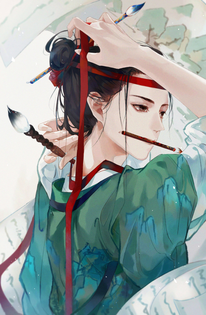 1boy absurdres adjusting_hair black_hair brown_eyes chinese_clothes from_behind green_robe hair_bun hair_ornament hair_pulled_back hand_on_own_head hands_up hanfu headband highres holding holding_paintbrush long_sleeves looking_away male_focus mouth_hold nidexintu one_hundred_scenes_of_jiangnan paintbrush paintbrush_hair_ornament painting_(object) red_ribbon ribbon scroll shen_zhou single_hair_bun solo updo upper_body