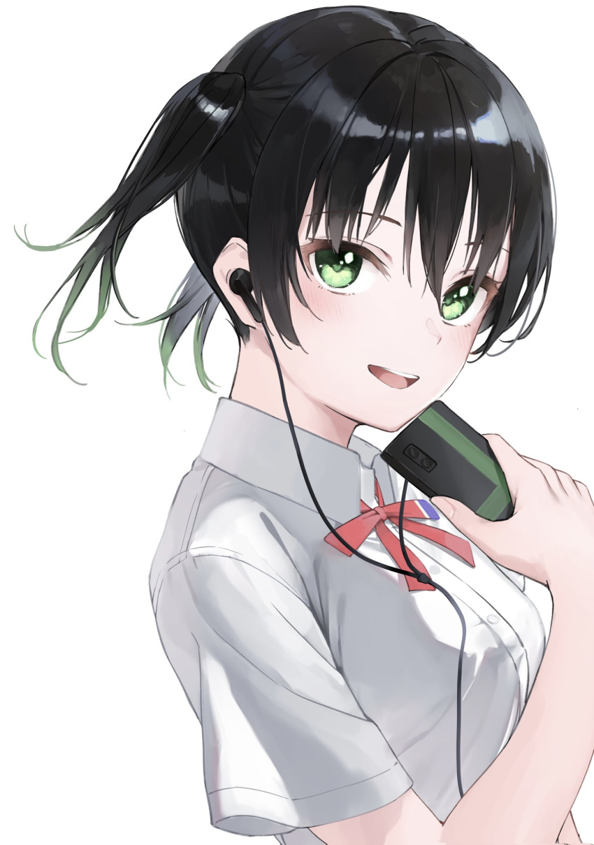 1girl black_hair cellphone earphones green_eyes green_hair hand_up highres holding holding_phone looking_at_viewer love_live! love_live!_nijigasaki_high_school_idol_club multicolored_clothes open_mouth phone shirt short_twintails smile solo takasaki_yuu twintails white_shirt yonameg24